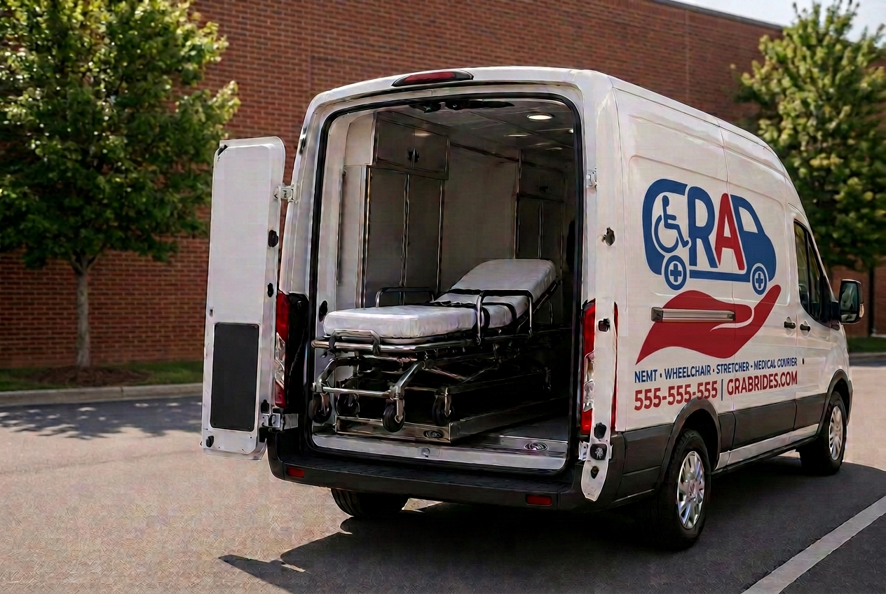 White GRAB Rides van with rear doors open showing a stainless steel stretcher cot, parked by a brick warehouse